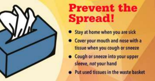 prevent the spread! stay at home, cover your mouth with a tissue, cough or sneeze into your upper sleeve, put used tissues in a waste basket