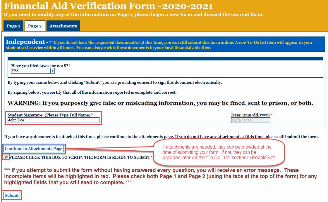 screenshot of Financial Aid Verification Form