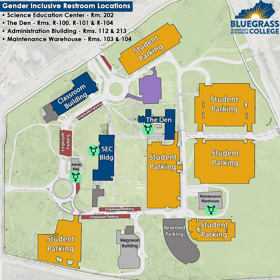 a map of gender inclusive restrooms at newtown campus