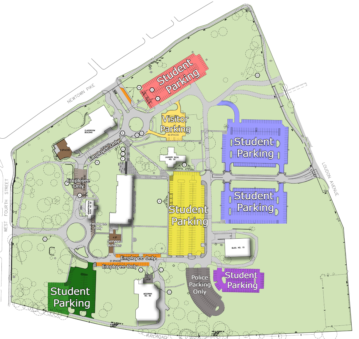 map of newtown campus parking lots