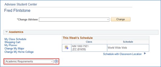 screenshot with academic requirements dropdown menu highlighted