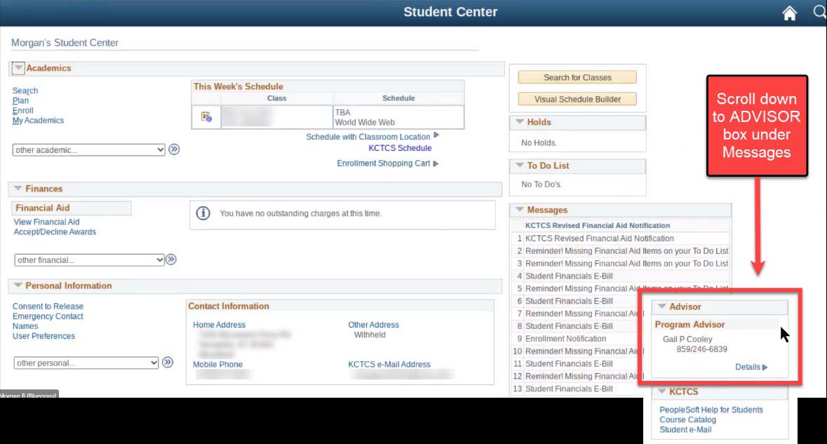 screenshot of Student Center with Advisor Information in lower-right corner framed in red