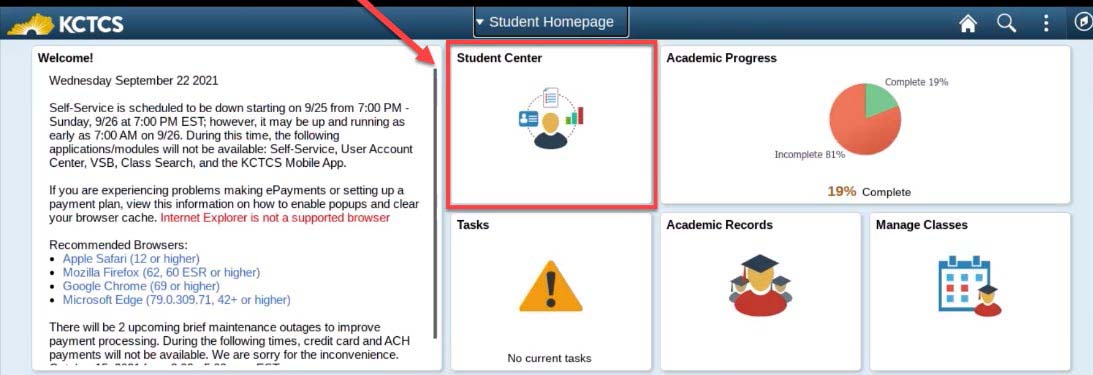 screenshot of Student Self-Service screen with Student Center tile framed in red