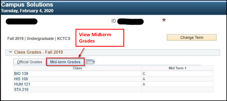 screenshot showing midterm grades screen