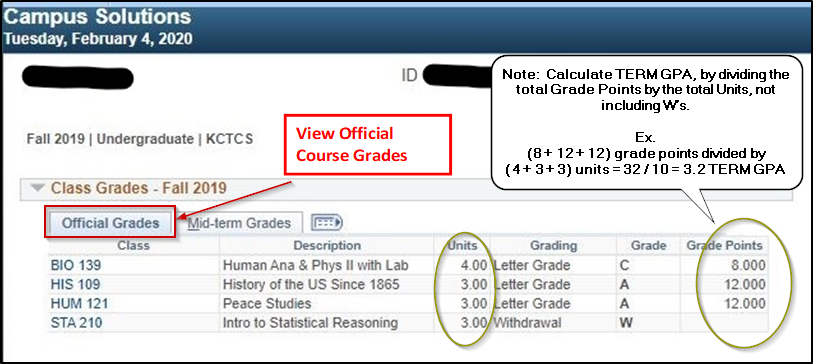 screenshot showing official course grades