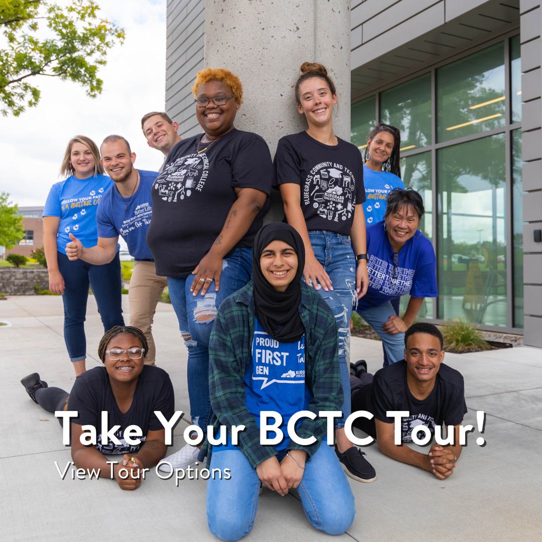 group of diverse students smiling with text that says take your bctc tour view tour options
