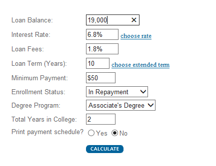screenshot of loan repayment calculator