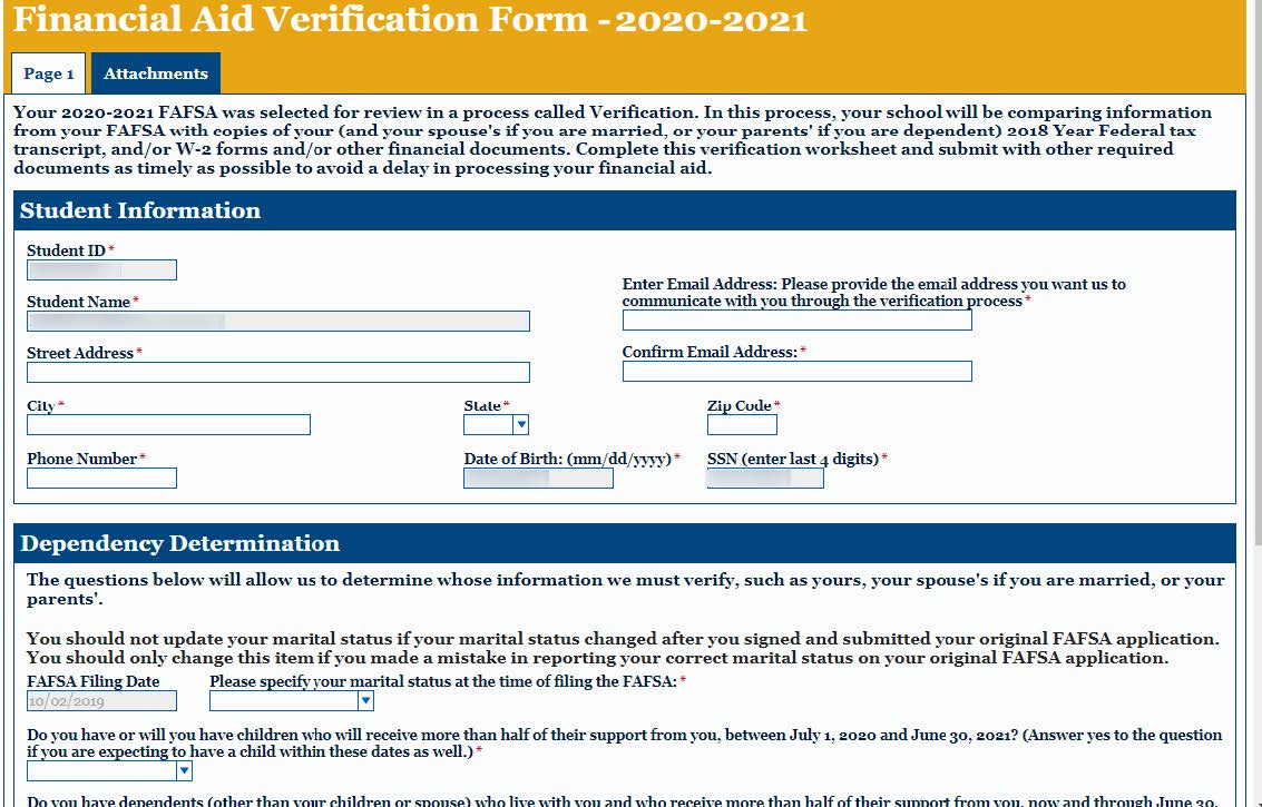 screenshot of financial aid verfication form