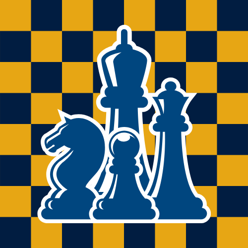 chess pieces on a blue and gold chessboard