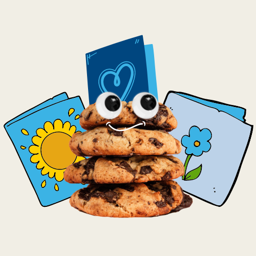 a smiling pile of cookies with greeting cards