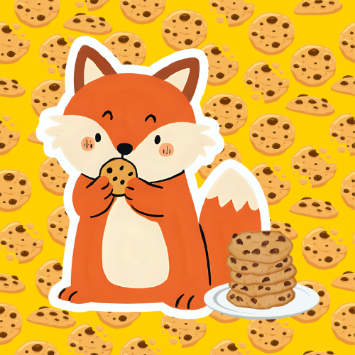 a cartoon fox eats a chocolate chip cookie