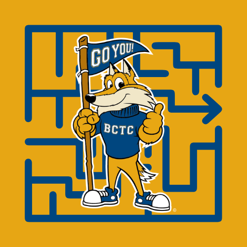 pathfinder mascot holding a flag in front of a maze