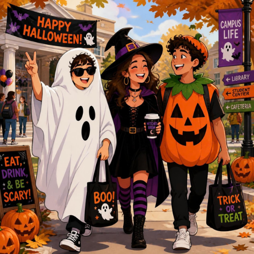 three college students wearing halloween costumes