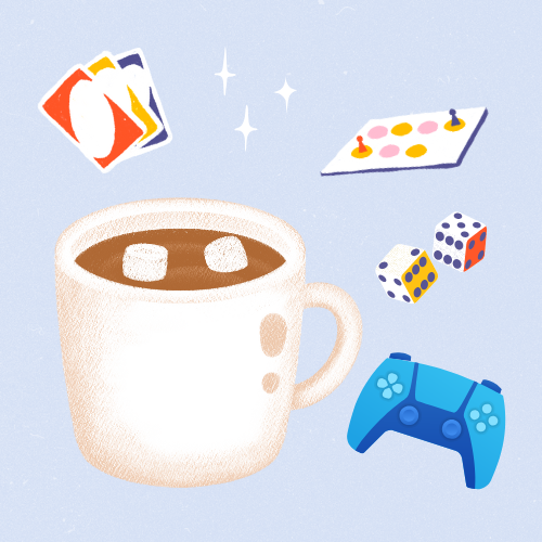 a mug of hot cocoa surrounded by games