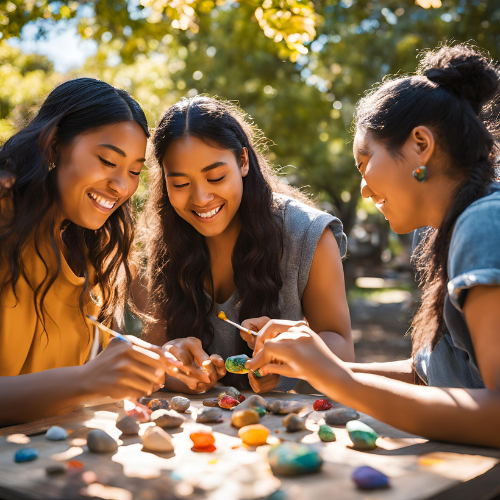 three college students use colorful paint on small rocks