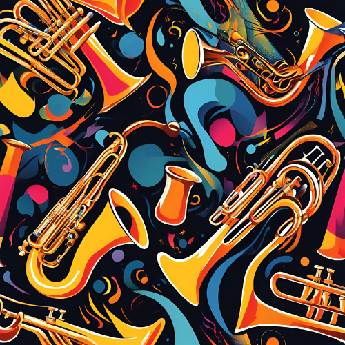 a colorful graphic with musical instruments