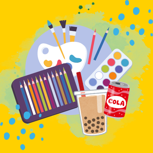 a graphic with art supply and snacks