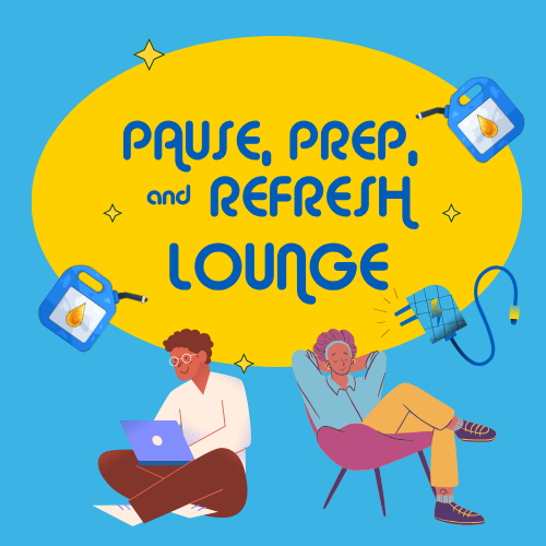 Pause, Prep, and Refresh Lounge graphic with two people relaxing