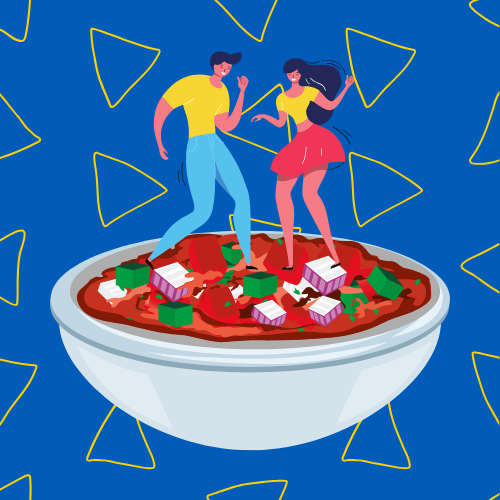 two people dance on top of a bowl of salsa