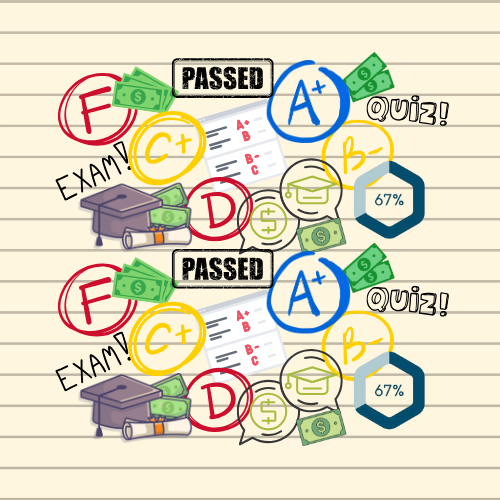 collage of different graphics representing school work and grades