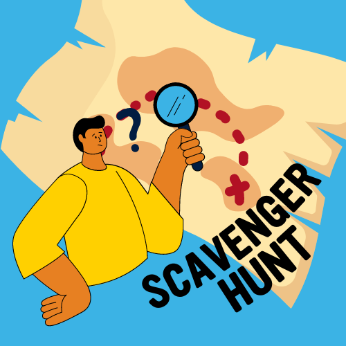 graphic of confused man using a magnifying glass while looking at a treasure map with text that says scavenger hunt