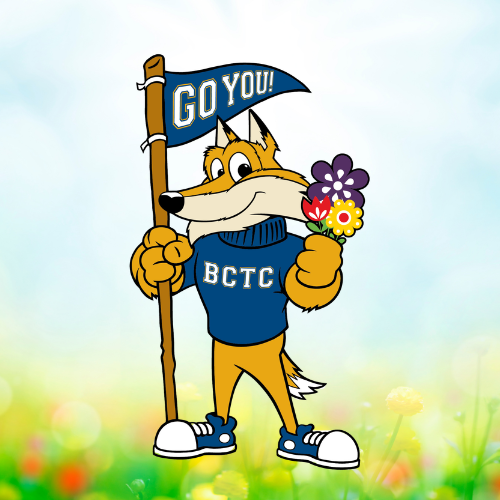bctc pathfinder mascot with spring flowers