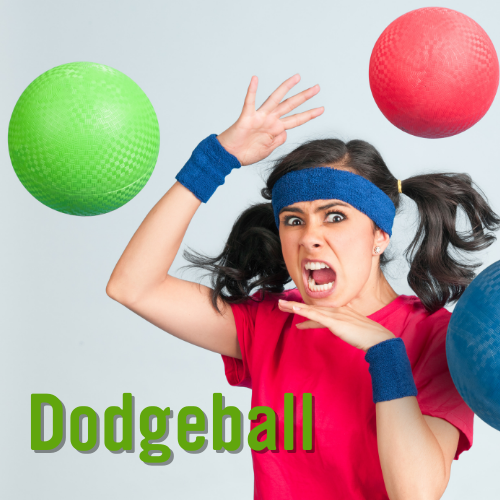 young hispanic woman playing dodgeball in a retro gym outfit with multiple balls thrown at her