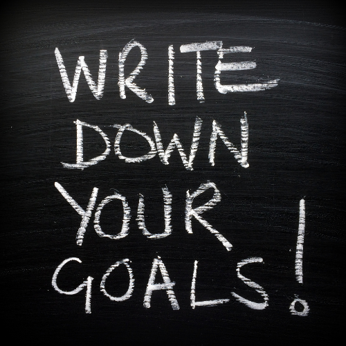 the words write down your goals written in white chalk on a blackboard