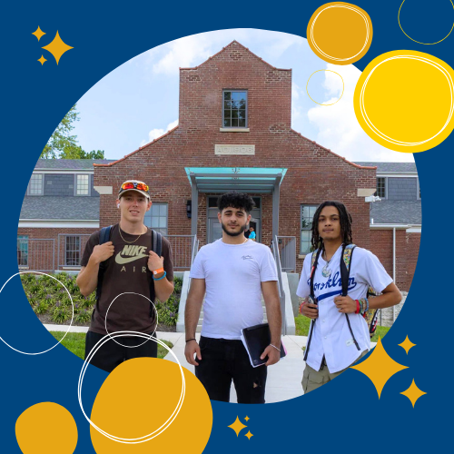three smiling students stand in front of the den