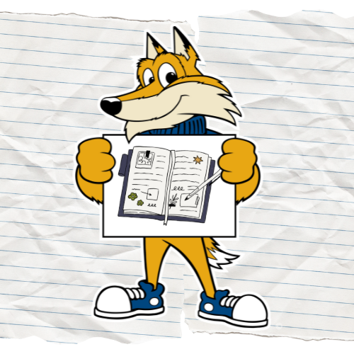 pathfinder holding a sign with a decorated journal