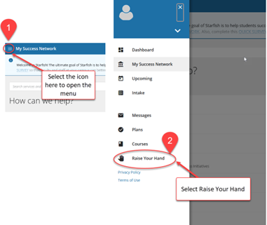 graphic that shows where to find the raise your hand link