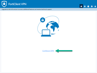 screenshot of Forticlient console with arrow "Configure VPN" pointed out