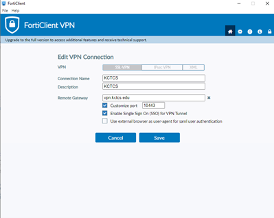 screenshot of setting up a new VPN connection in FortiClient