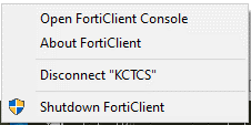 screenshot of menu after clicking forticlient icon on system tray