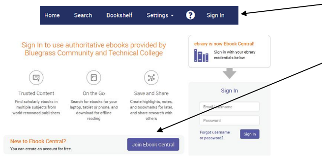 screenshot of the Ebook Central account creation and sign in buttons