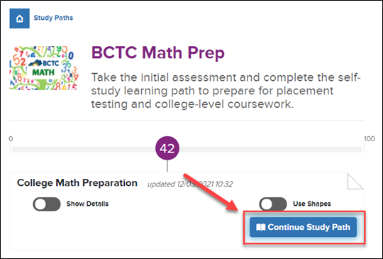screenshot of the continue study path button