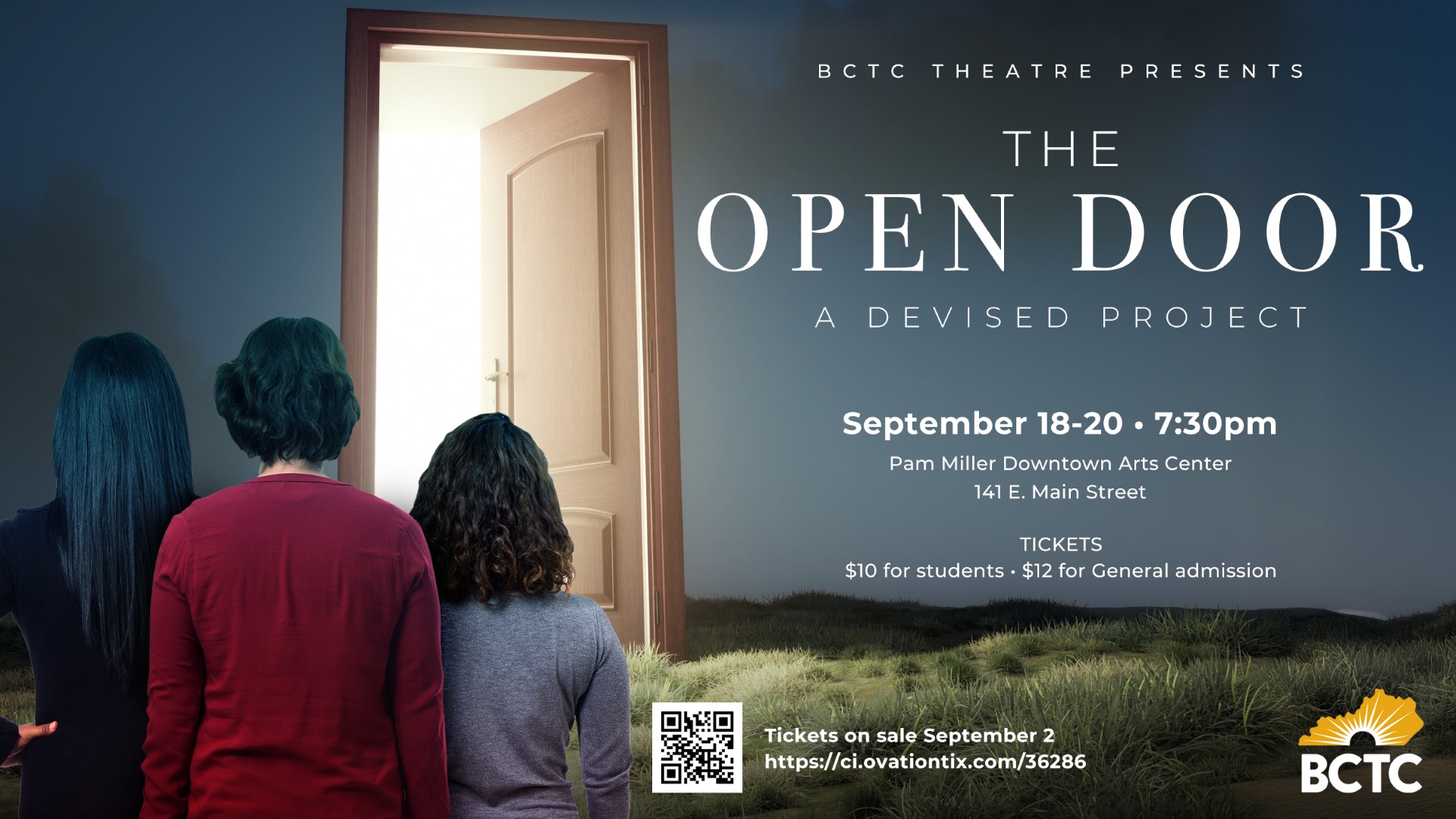 Open Door poster; the backs of 3 people looking at open doorway in field