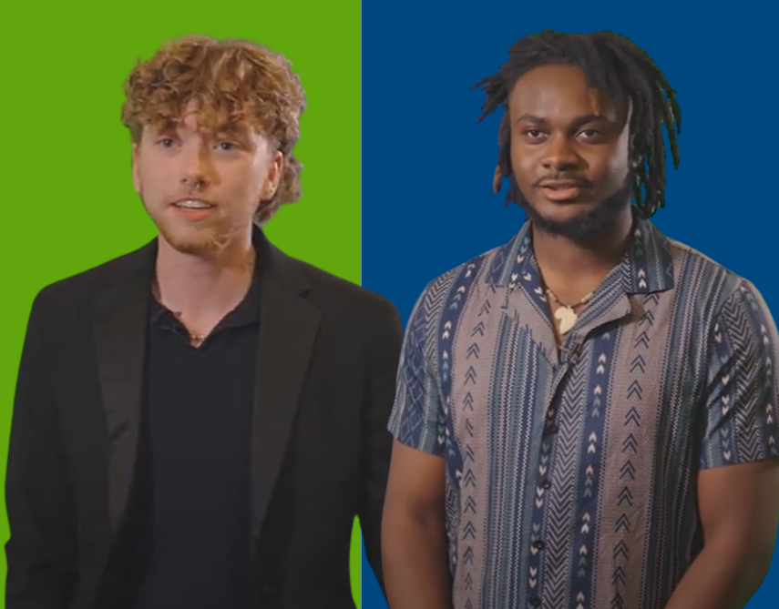 two people standing side by side on a green and blue background
