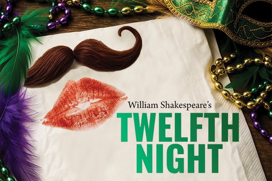 Handkerchief with lipstick mark and mustache on it, surrounded by colorful feathers and beads