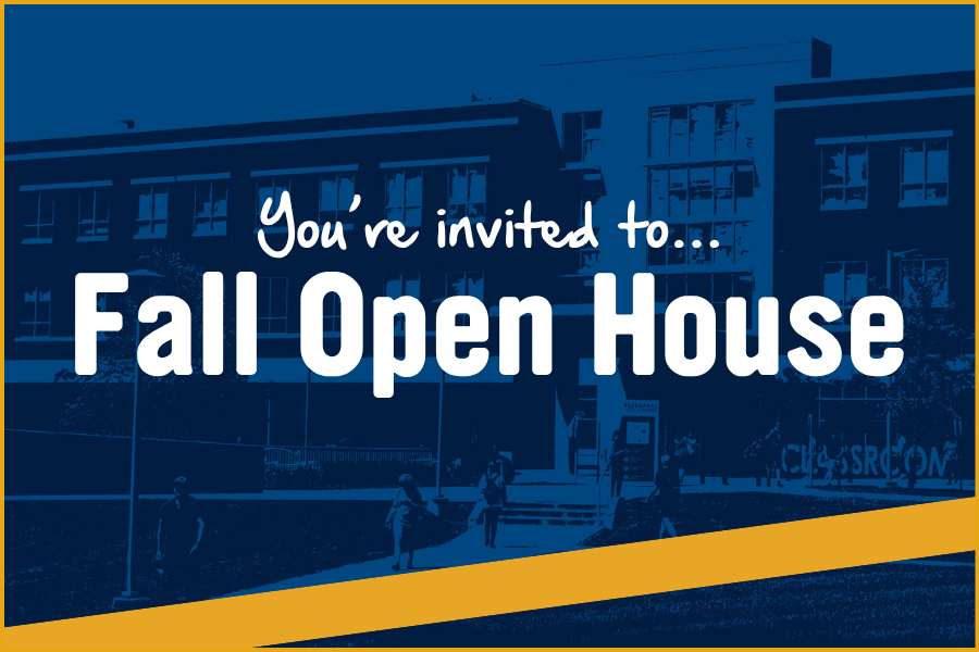 graphic with text that says you're invited to fall open house