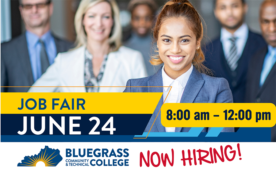 people in professional clothing standing in a group with job fair information overlaid