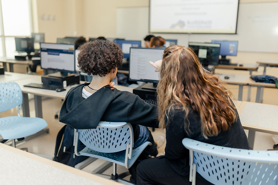 Person pointing out something on monitor to another person