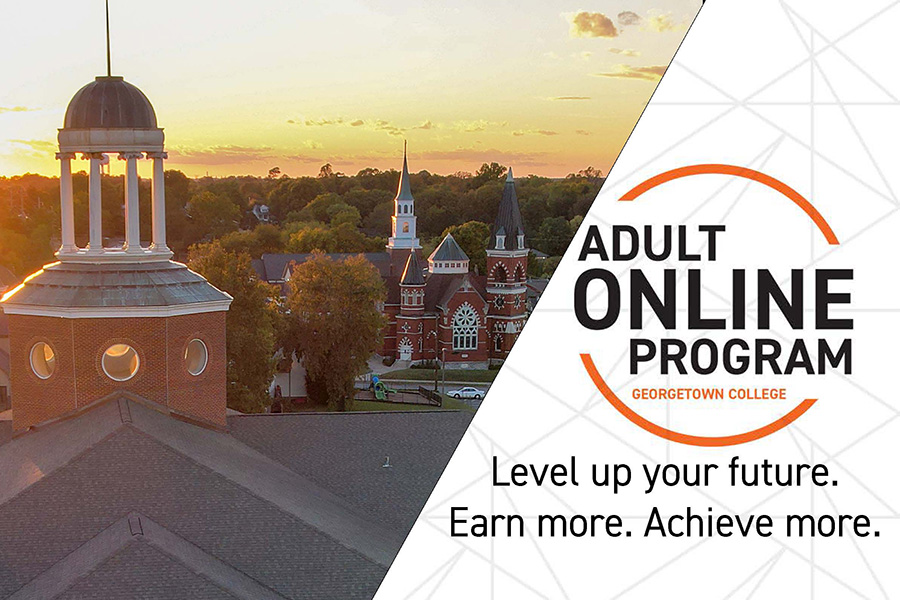 aerial shot of georgetown campus with Adult Online Program logo