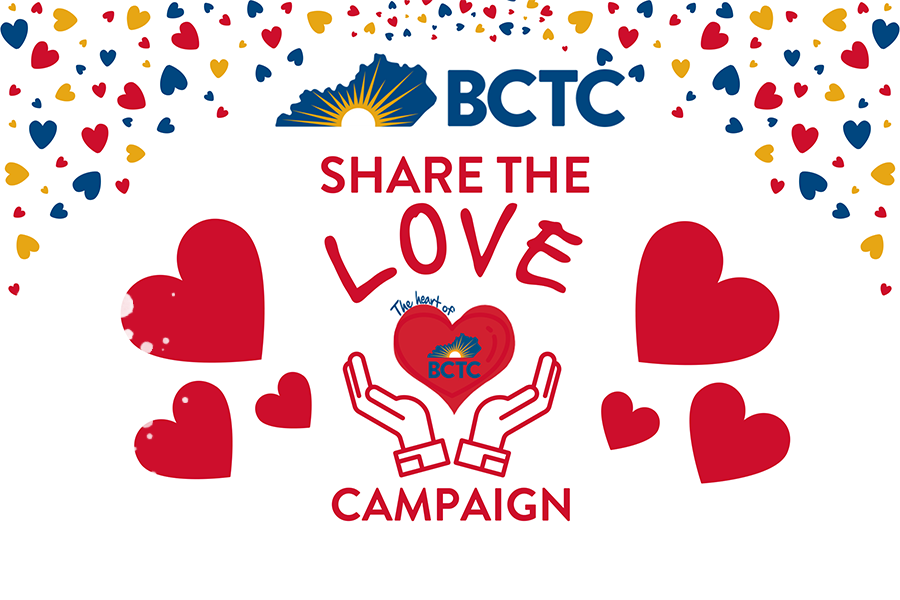 multi-colored hearts with BCTC logo and the HEART logo in middle hovering over open hands