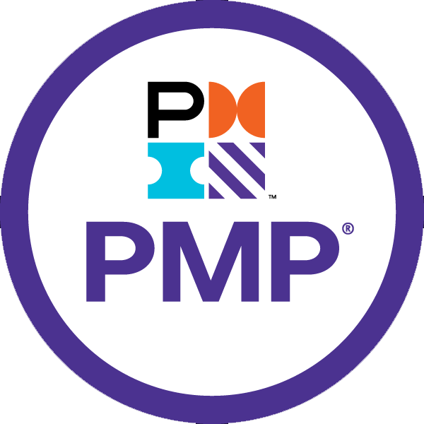 round purple badge with PMP